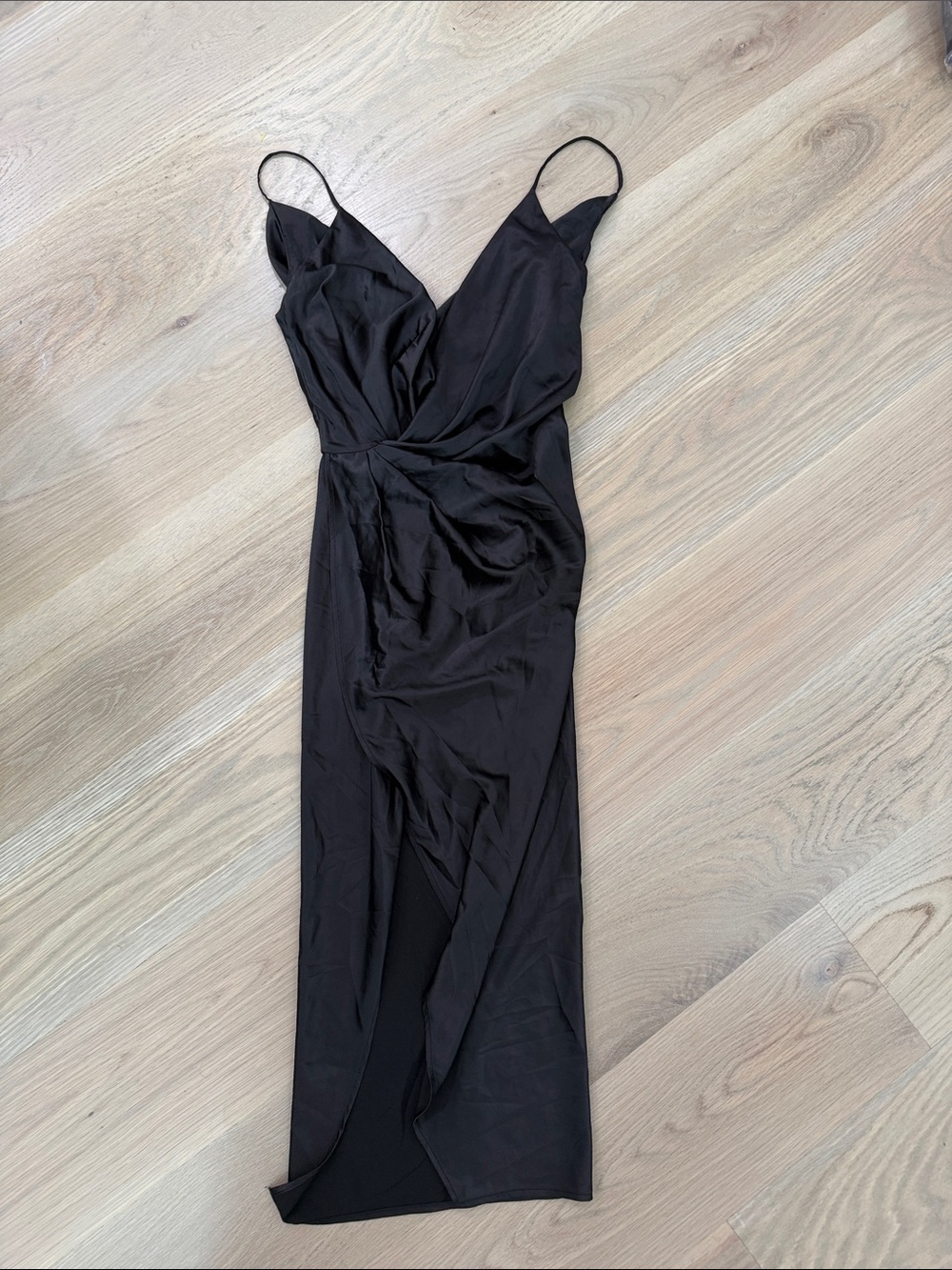 House of CB Coco Black Satin Draped Wrap Midi Maxi Dress High Slit Extra Small